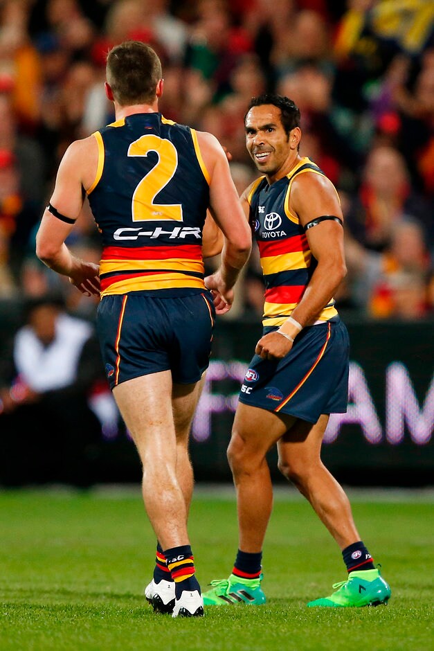 AFL 2017 Round 08 - Adelaide v Melbourne ADELAIDE, AUSTRALIA - MAY 13: Brad Crouch and Eddie Betts of the Crows celebrate a goal during the 2017 AFL round 08 match between the Adelaide Crows and the Melbourne Demons at the Adelaide Oval on May 13, 2017 in Adelaide, Australia. (Photo by James Elsby/AFL Media)